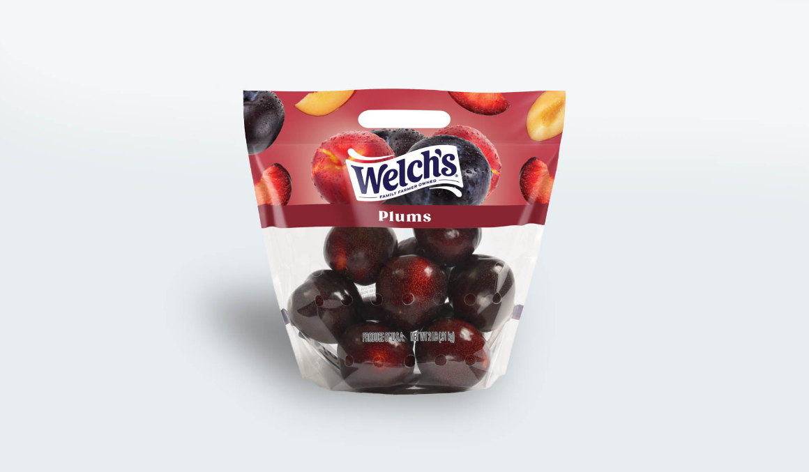 Finished Welch’s Plums packaging designed by Partners & Hunt as part of a brand design refresh