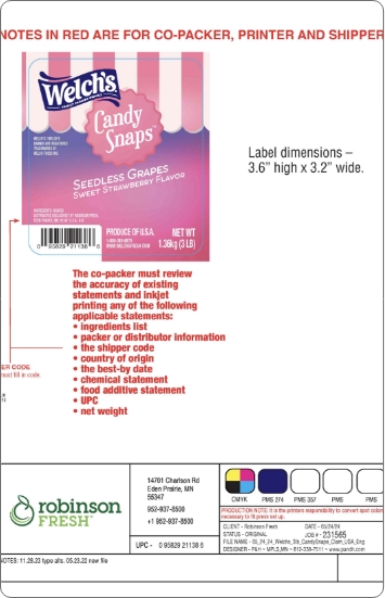Welch’s Candy Snaps seedless grapes packaging label showing updated graphics and production notes as part of a brand design refresh.